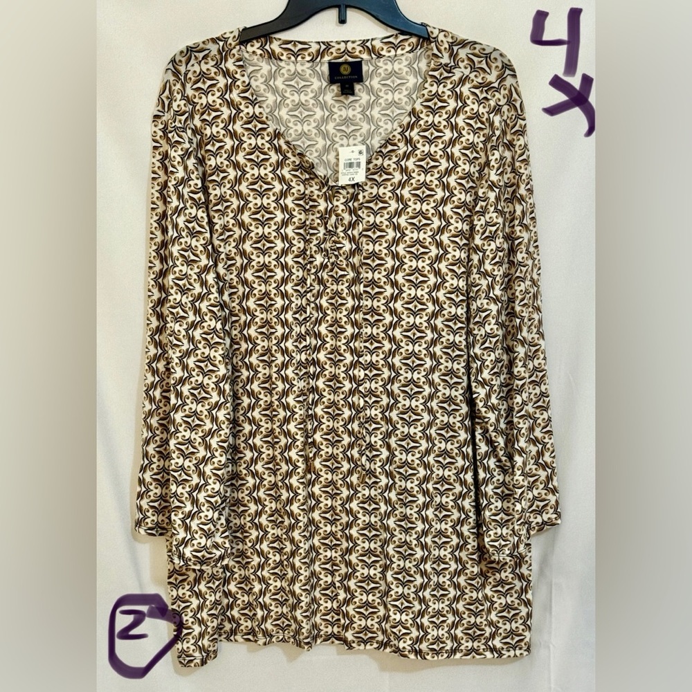 JM Collection Brown and Cream Geometric Blouse